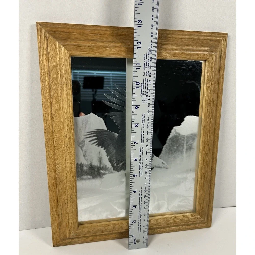 Framed Etched Bald Eagle Decorative Accent Mirror Oak Frame 10